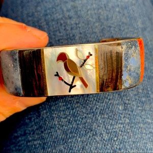 Inlay Inlaid Silver Tone Bird Cuff Bracelet Mother of Pearl Handmade